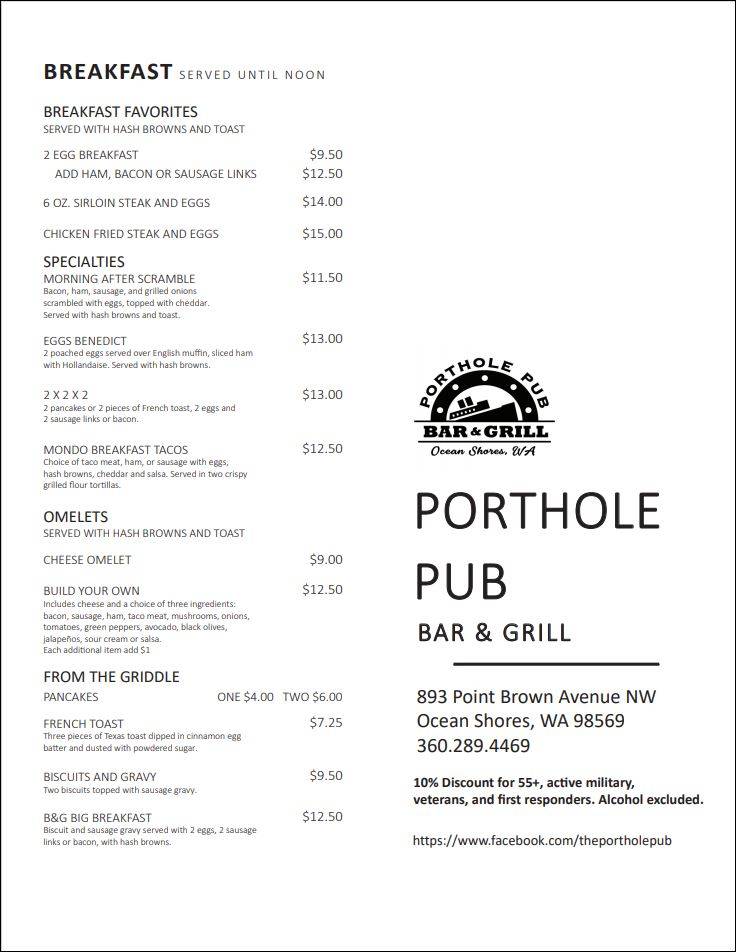 Menu at Porthole Pub Bar & Grill, Ocean Shores