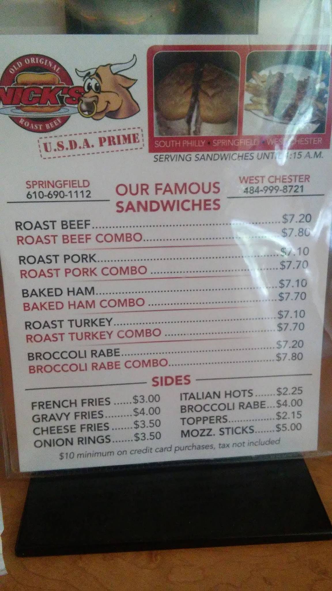 Menu at Old Original Nick's Roast Beef pub & bar, West Chester