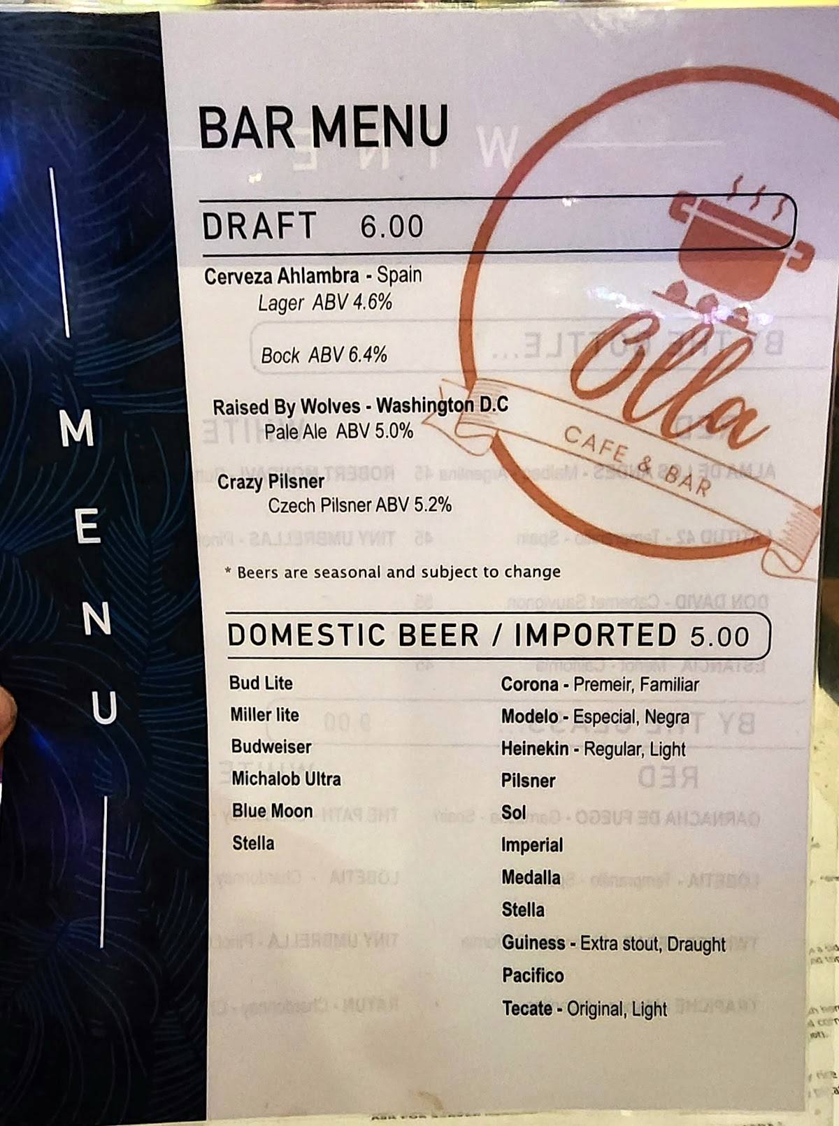 Menu at Olla Cafe & Bar, Stafford, Jefferson Davis Hwy STE 103