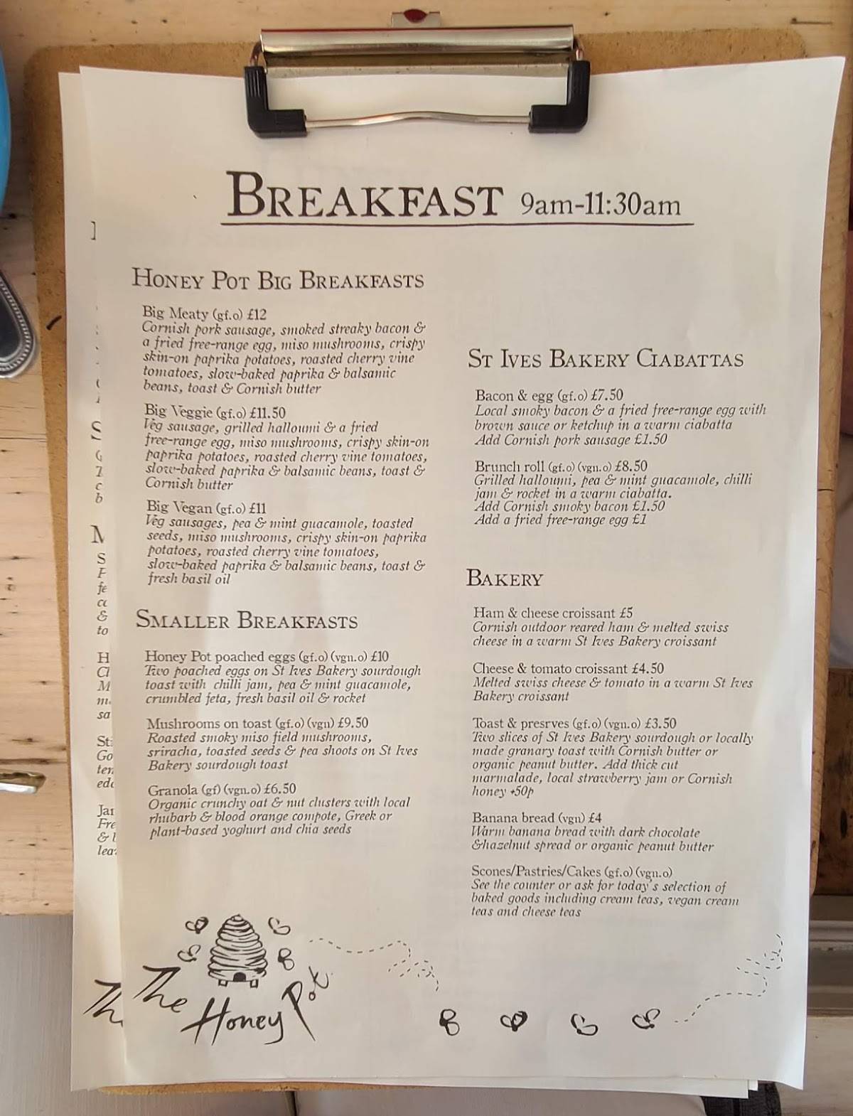 Menu at The Honey Pot PZ Ltd cafe, Penzance