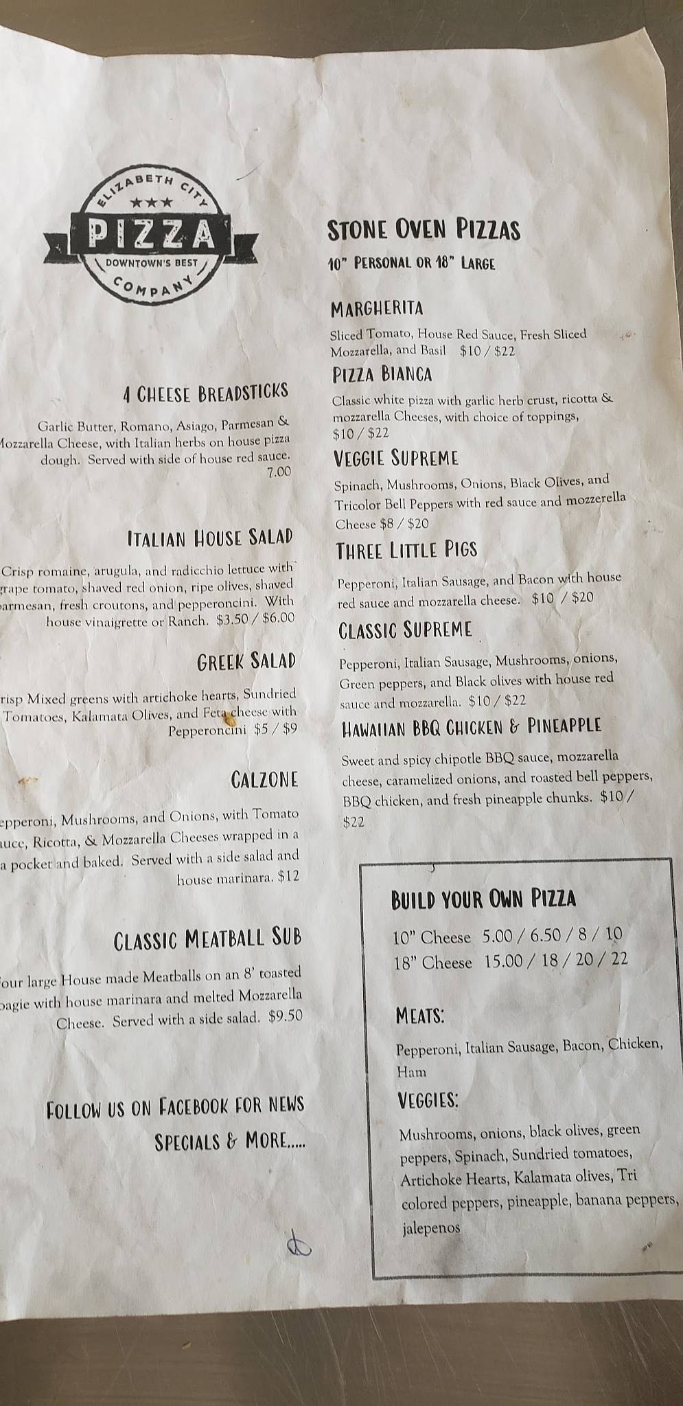 Menu at Elizabeth City Pizza Company pizzeria, Elizabeth City