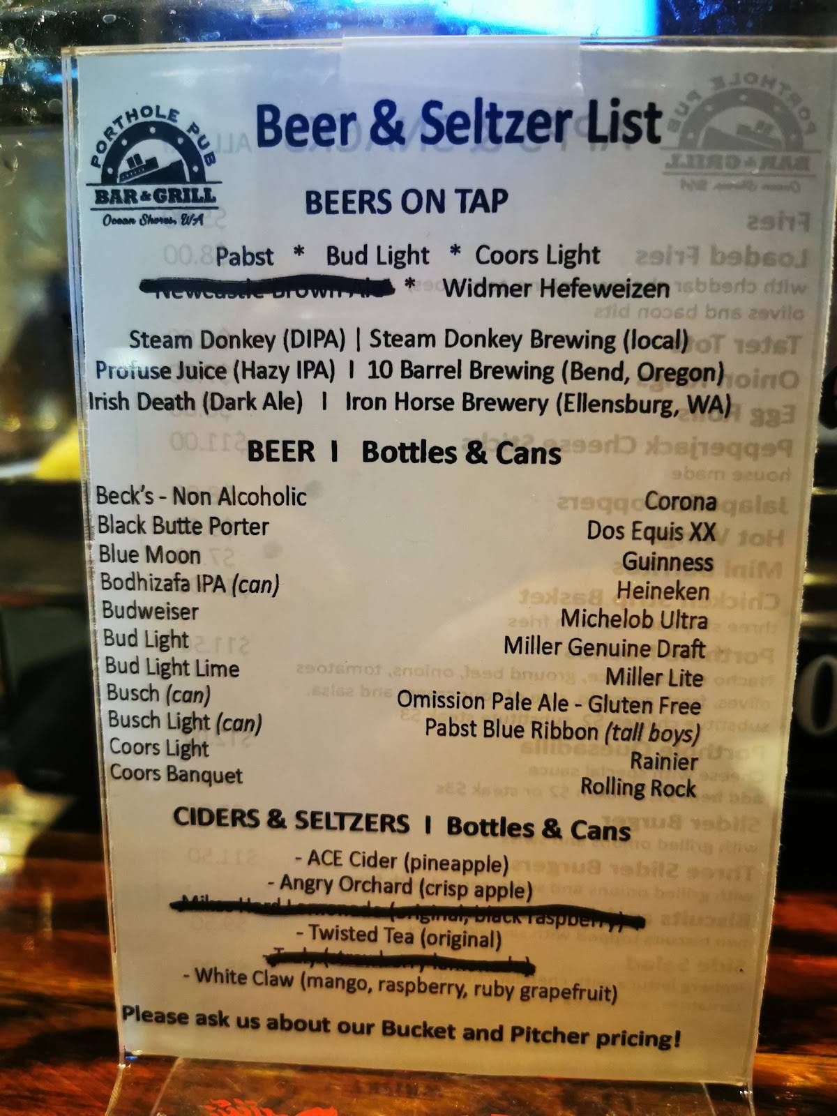 Menu at Porthole Pub Bar & Grill, Ocean Shores