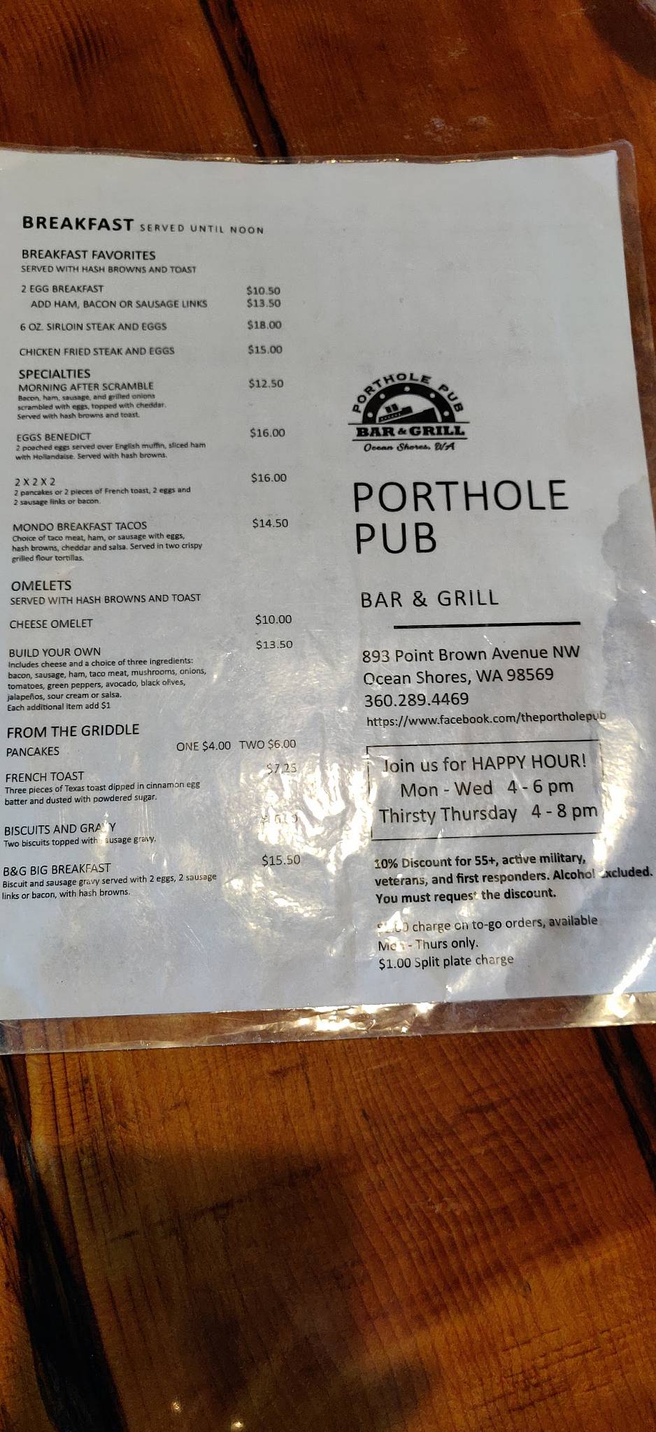 Menu at Porthole Pub Bar & Grill, Ocean Shores