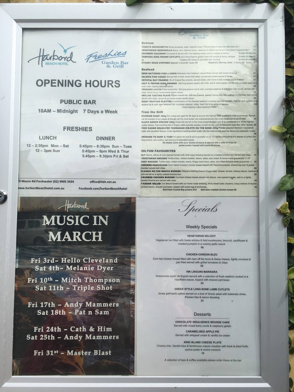 Menu at Harbord Hotel pub & bar, Freshwater, 29 Moore Rd