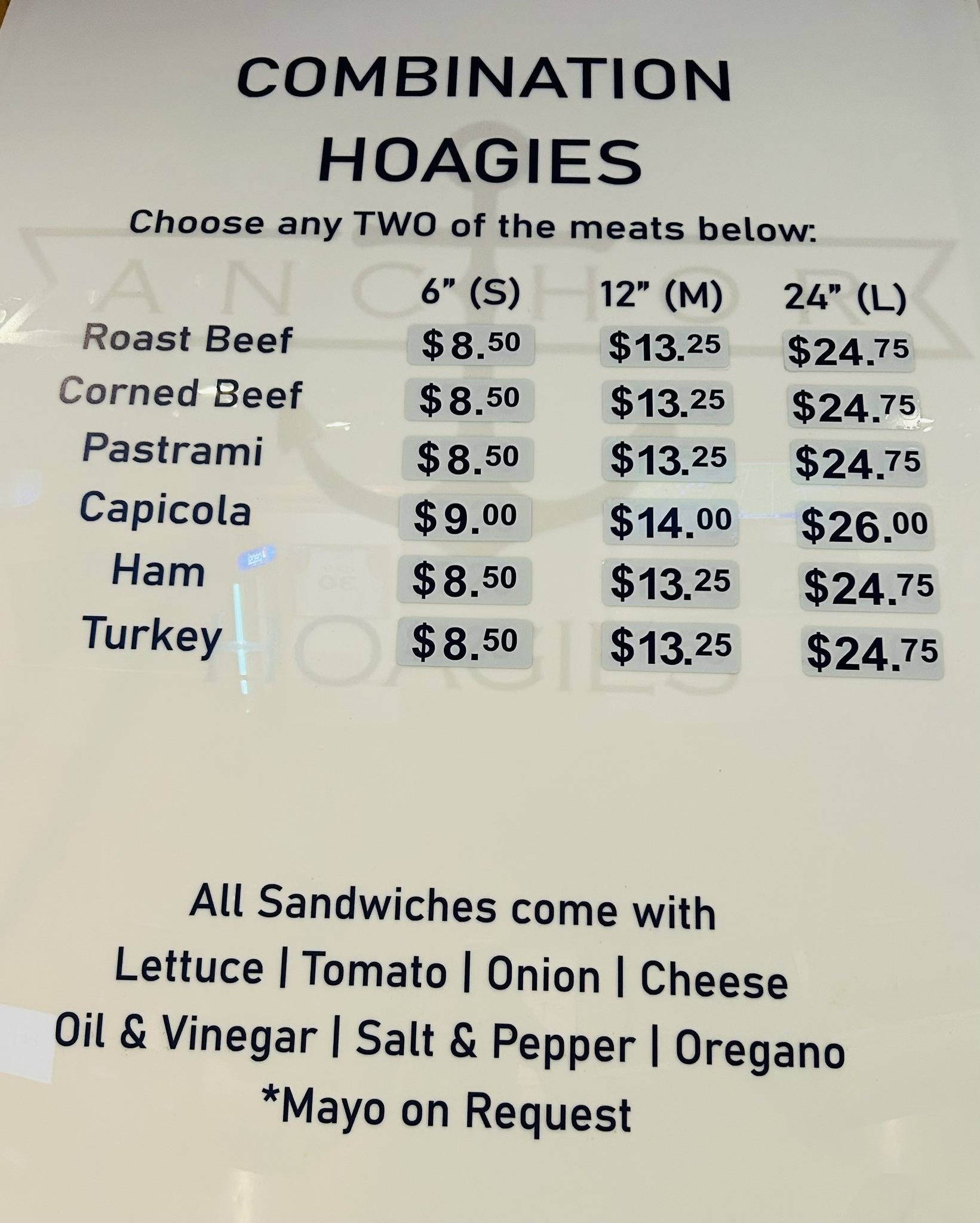 Menu at Anchor Hoagies fast food, North Versailles