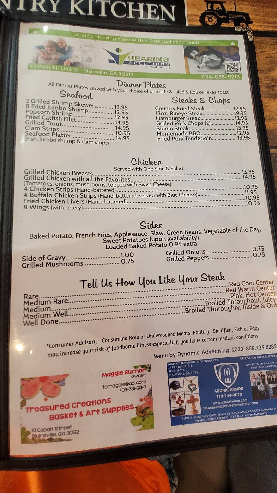 Menu at Cook's Country Kitchen restaurant, Blairsville, 105 Pat ...