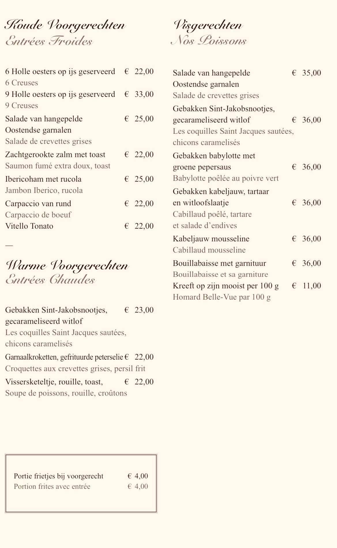 Menu Au Restaurant Cromwell Ostende