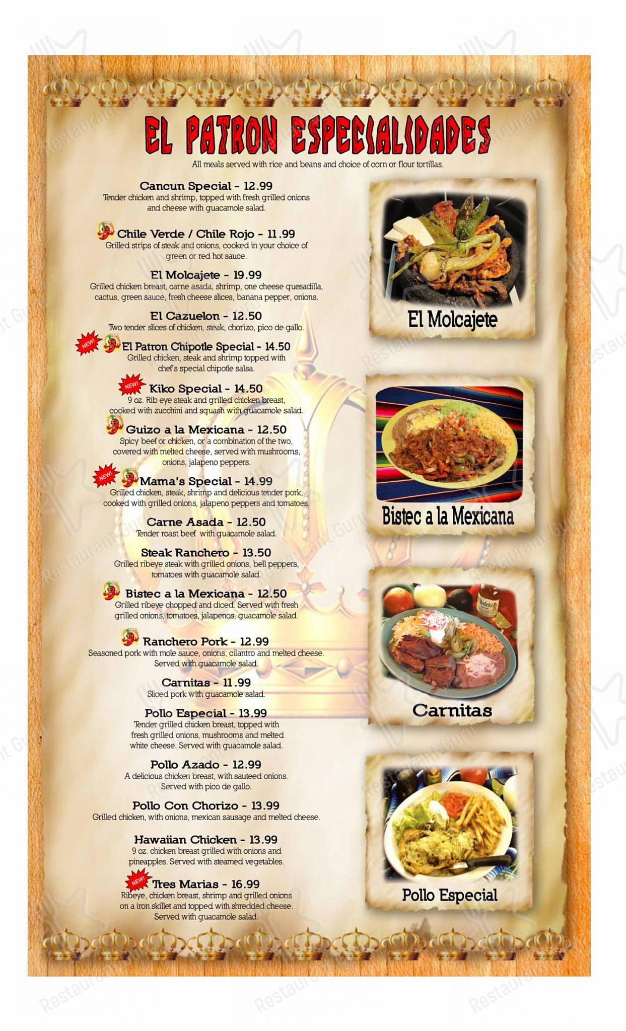 Menu at El Patron Family Mexican Restaurant, Cornelia