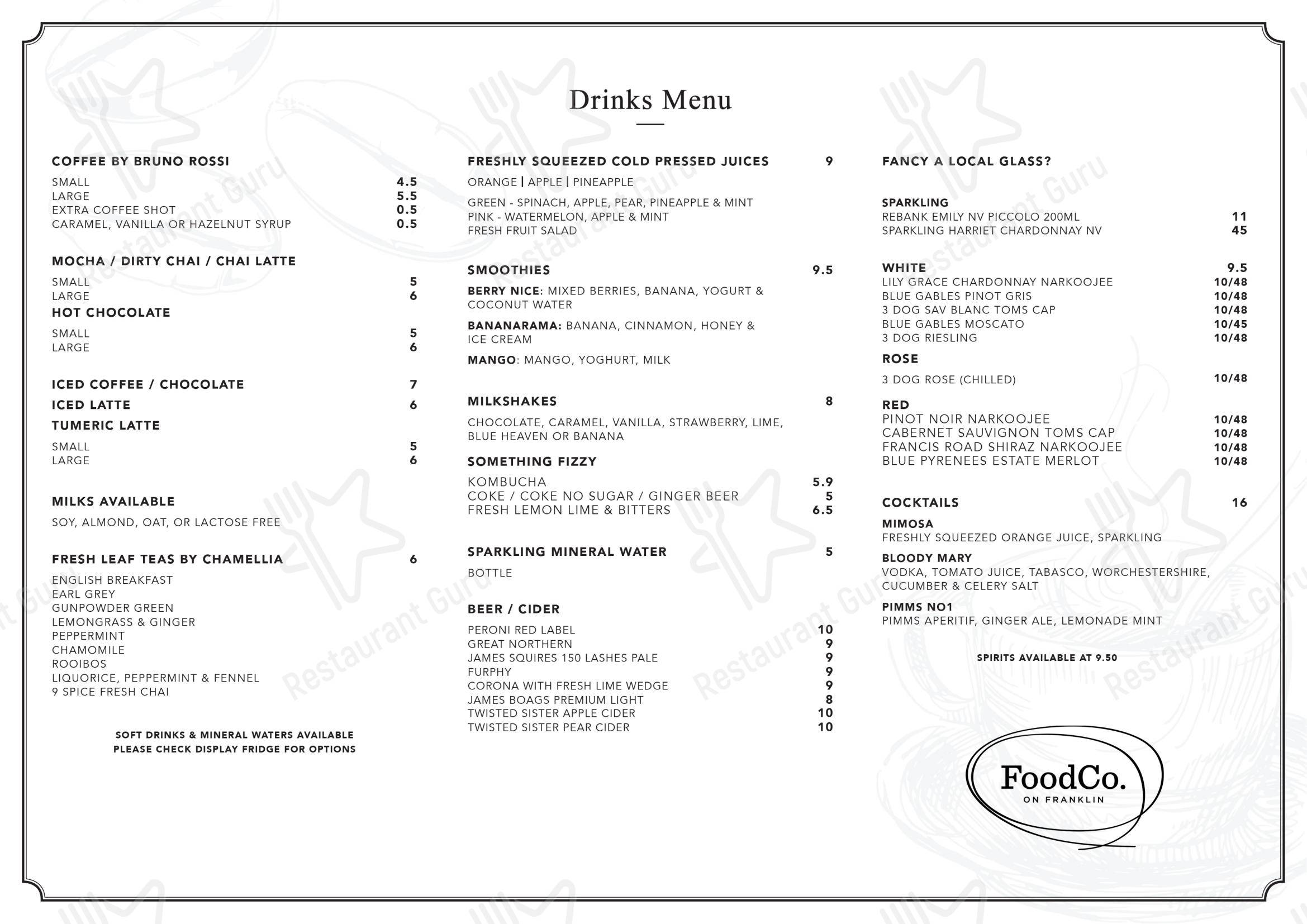 Menu at Food Co, On Franklin restaurant, Traralgon