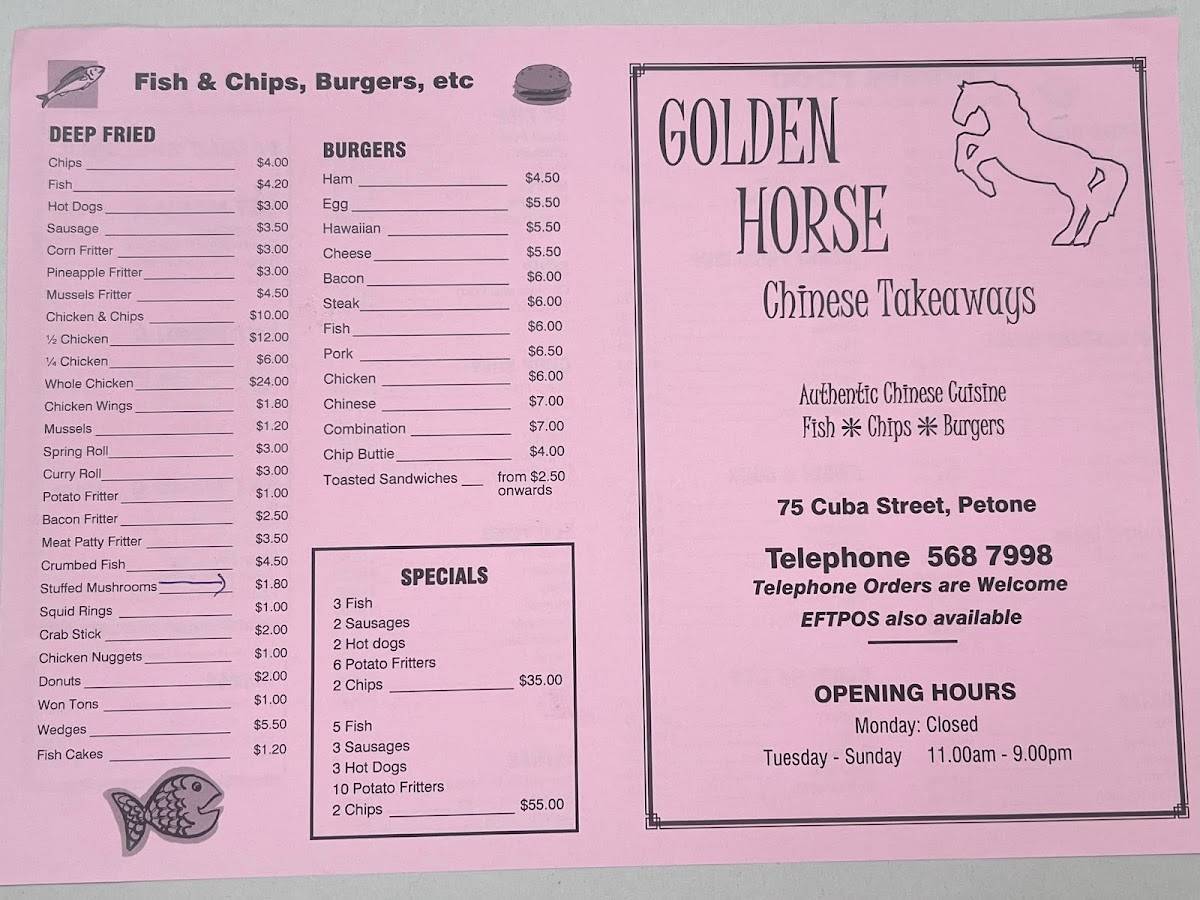 Menu at Golden Horse Takeaway restaurant, Lower Hutt