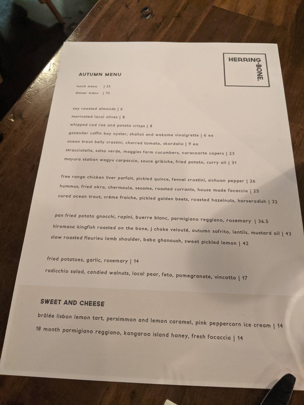 Menu at Herringbone Restaurant, Adelaide