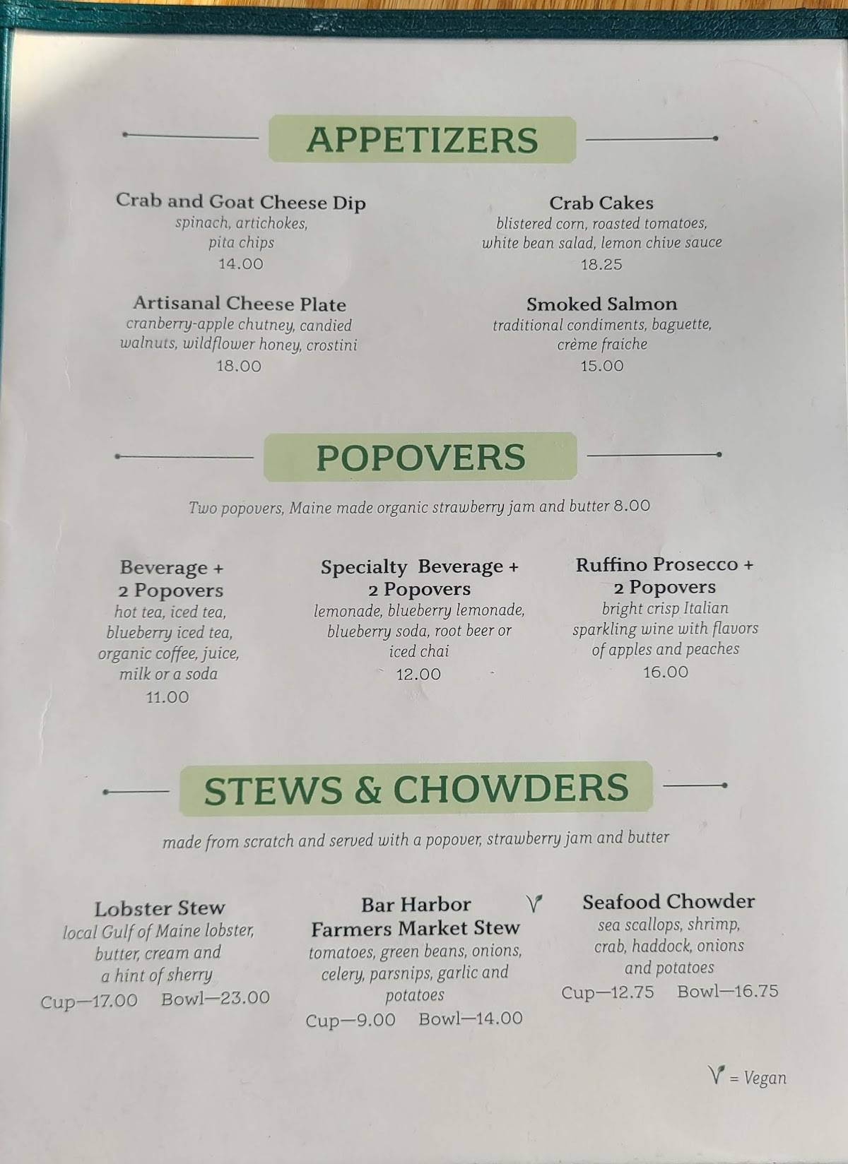 Menu at Jordan Pond House Restaurant, Mount Desert, Park Loop Rd