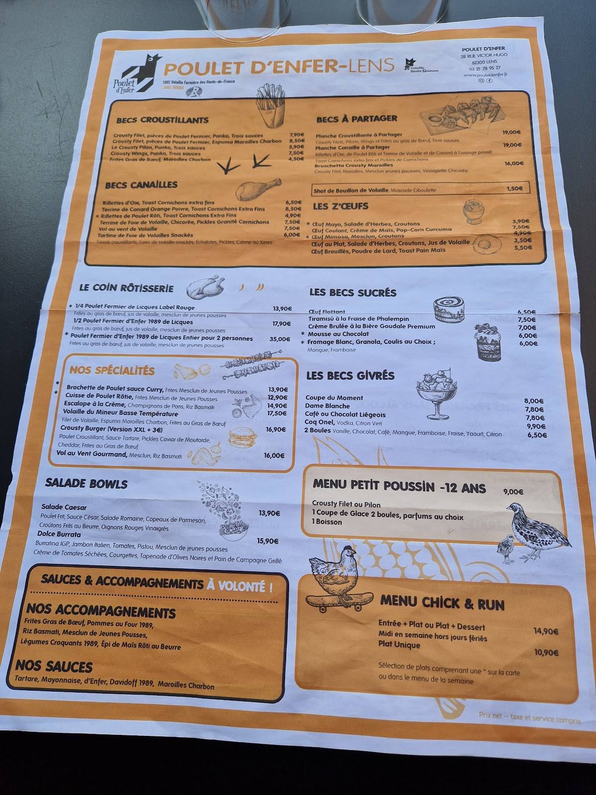 Menu au Poulet d'Enfer restaurant, Lens