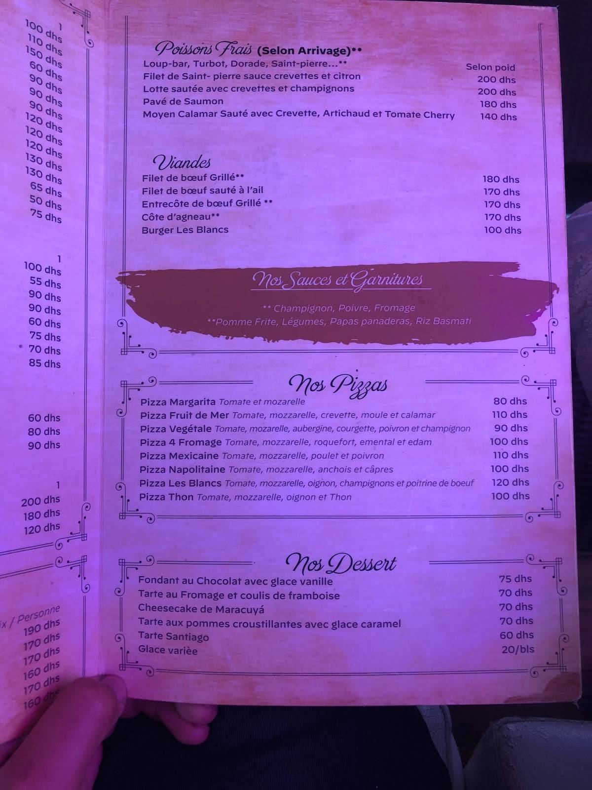 Menu at Restaurant Les Blancs, Agadir