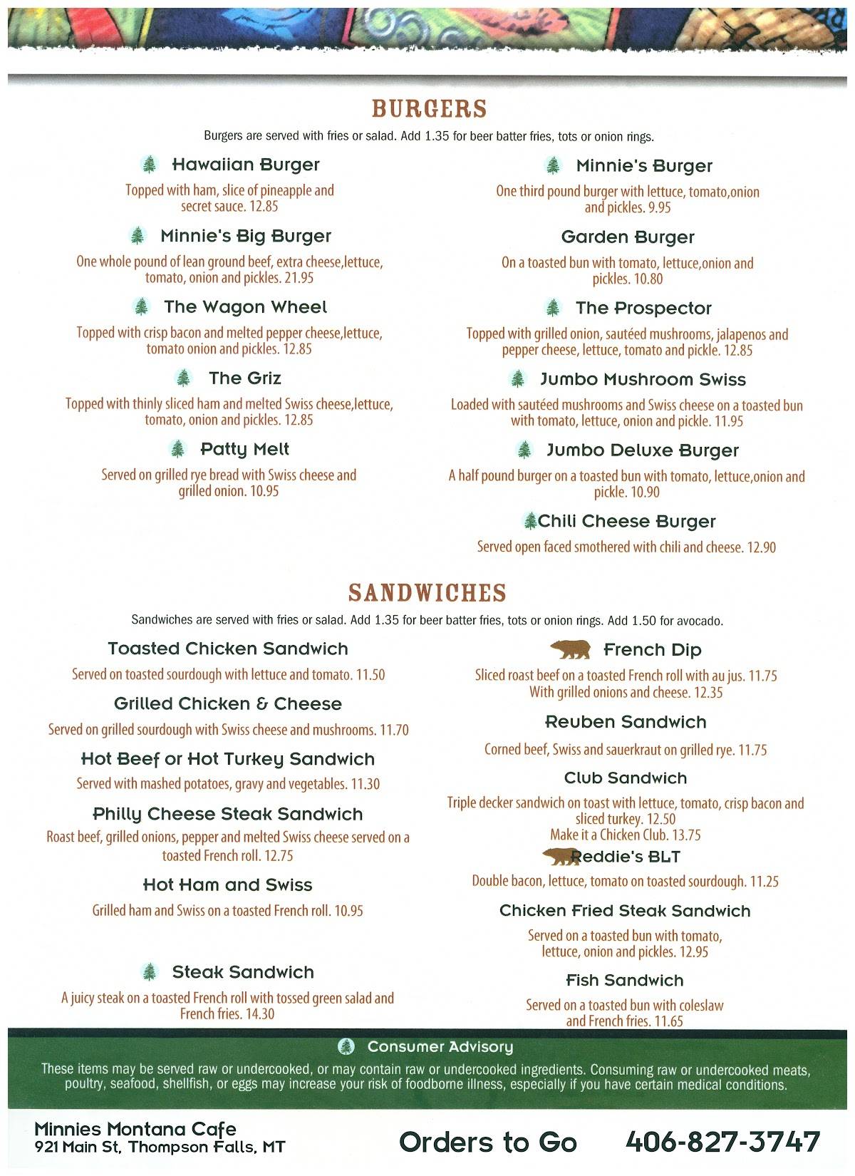 Menu at Minnie's Montana Cafe, Thompson Falls