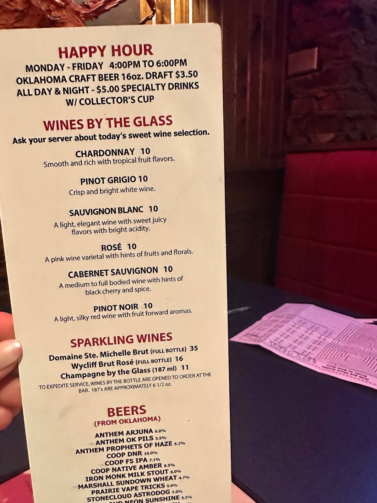 Menu at Pearl's Crabtown restaurant, Oklahoma City