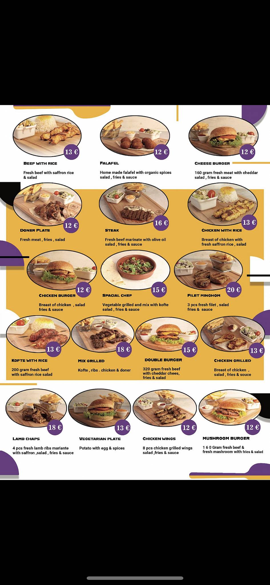 Menu au Saffron Food Persian & Iranian Food BBQ, Bruxelles