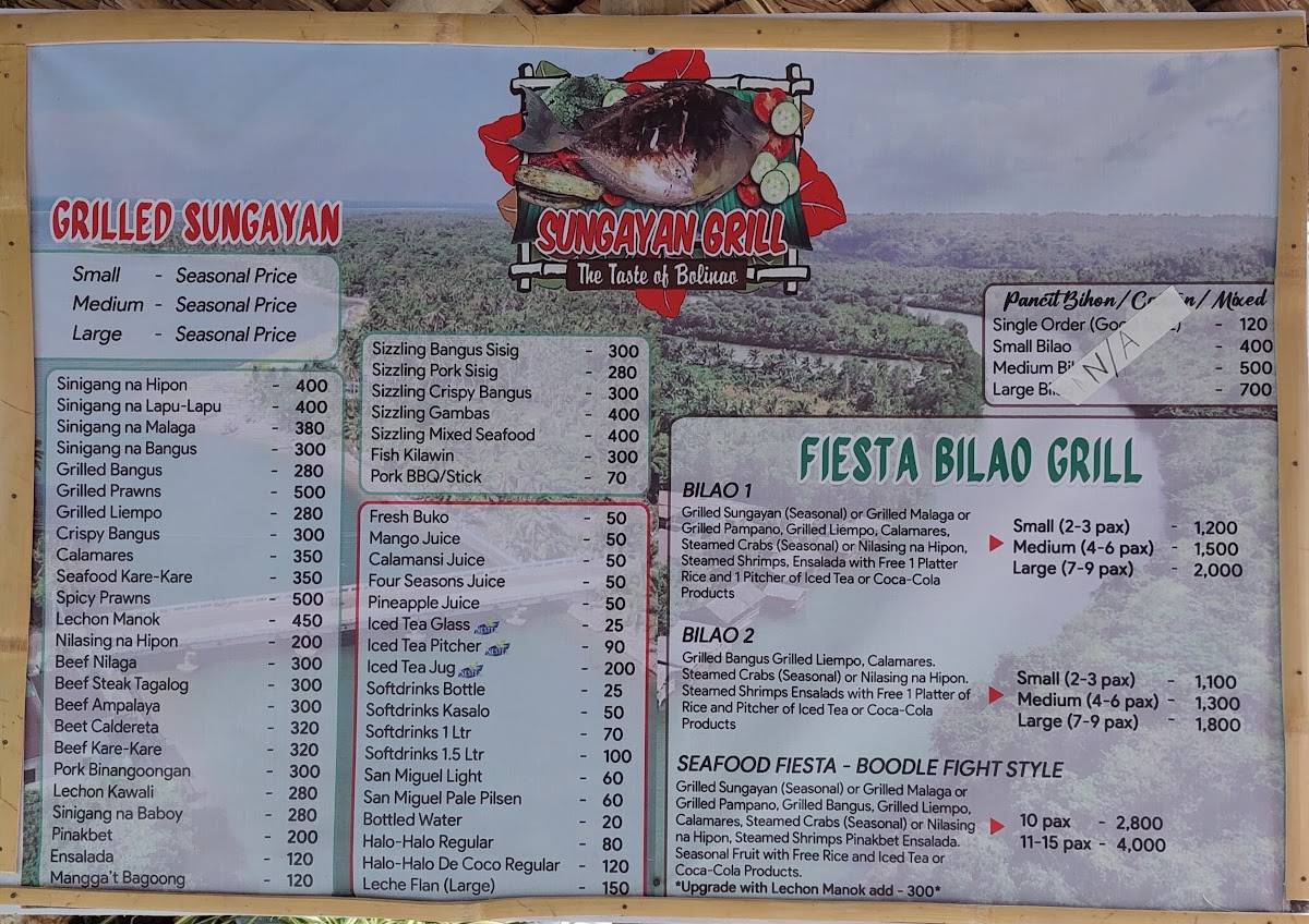 Menu at Sungayan Grill restaurant, Bolinao, 9V34+Q2W