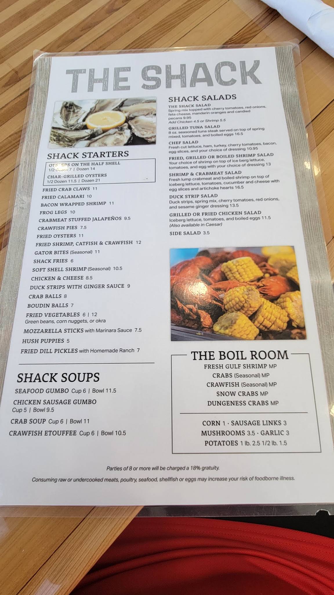 Menu at The Shack restaurant, Houma