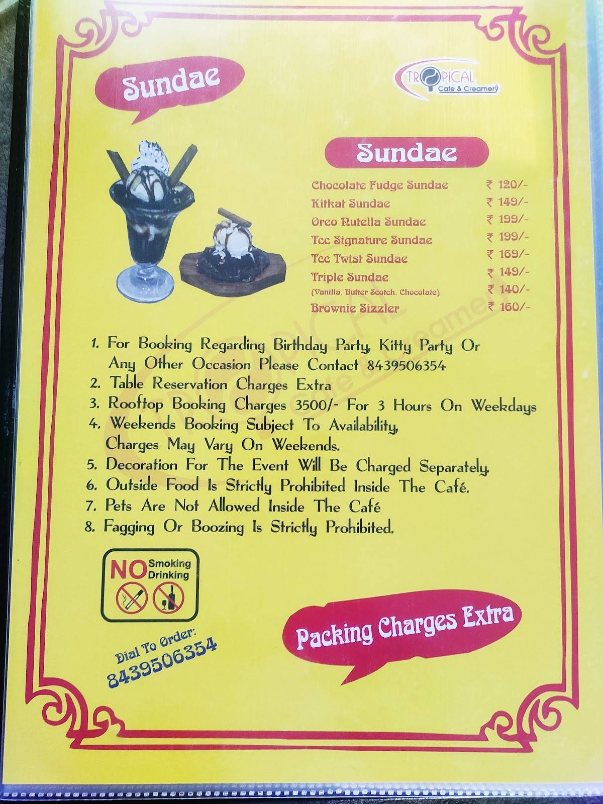Menu at Tropical cafe and creamery, Srinagar