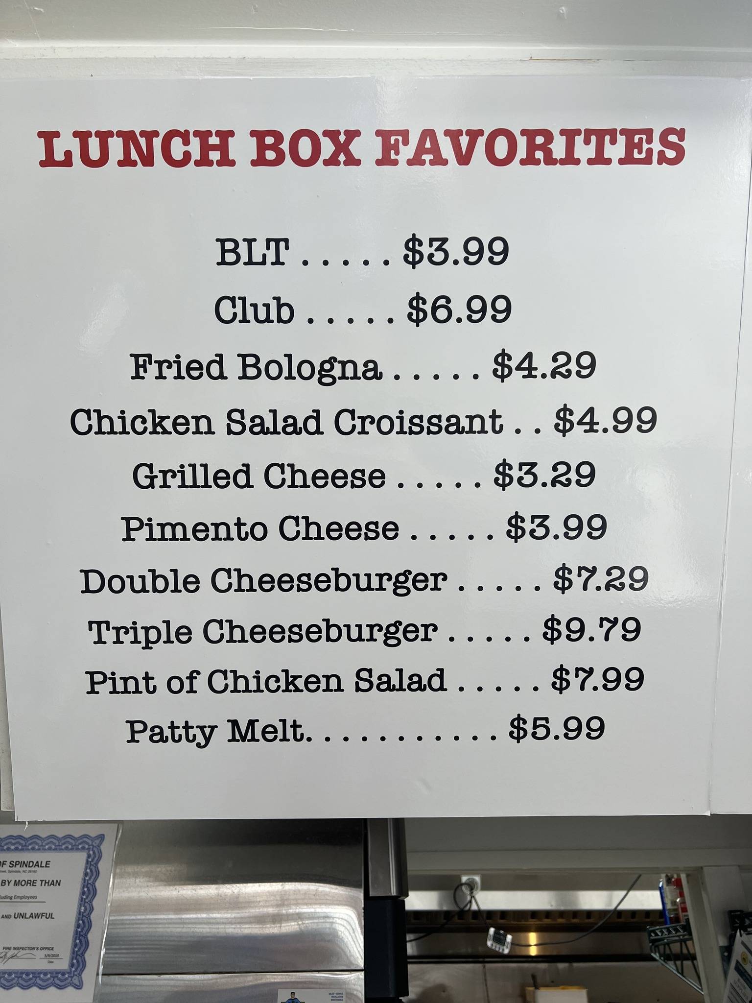 Menu at Waynes Lunch Box restaurant, Spindale