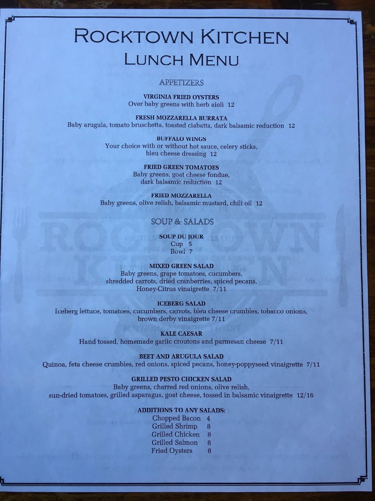 Menu at Rocktown Kitchen restaurant, Harrisonburg