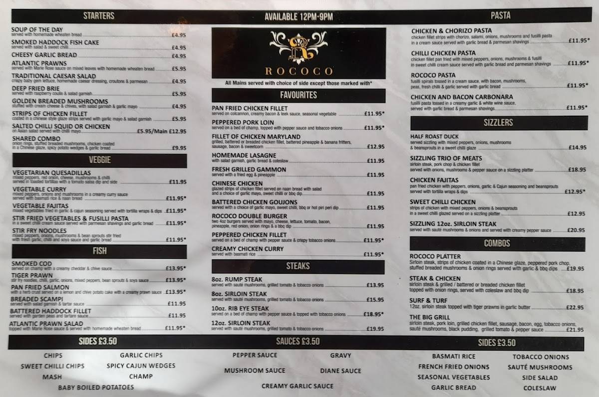 Menu at Rococo steakhouse, Ballymena, 56-58 Mill St