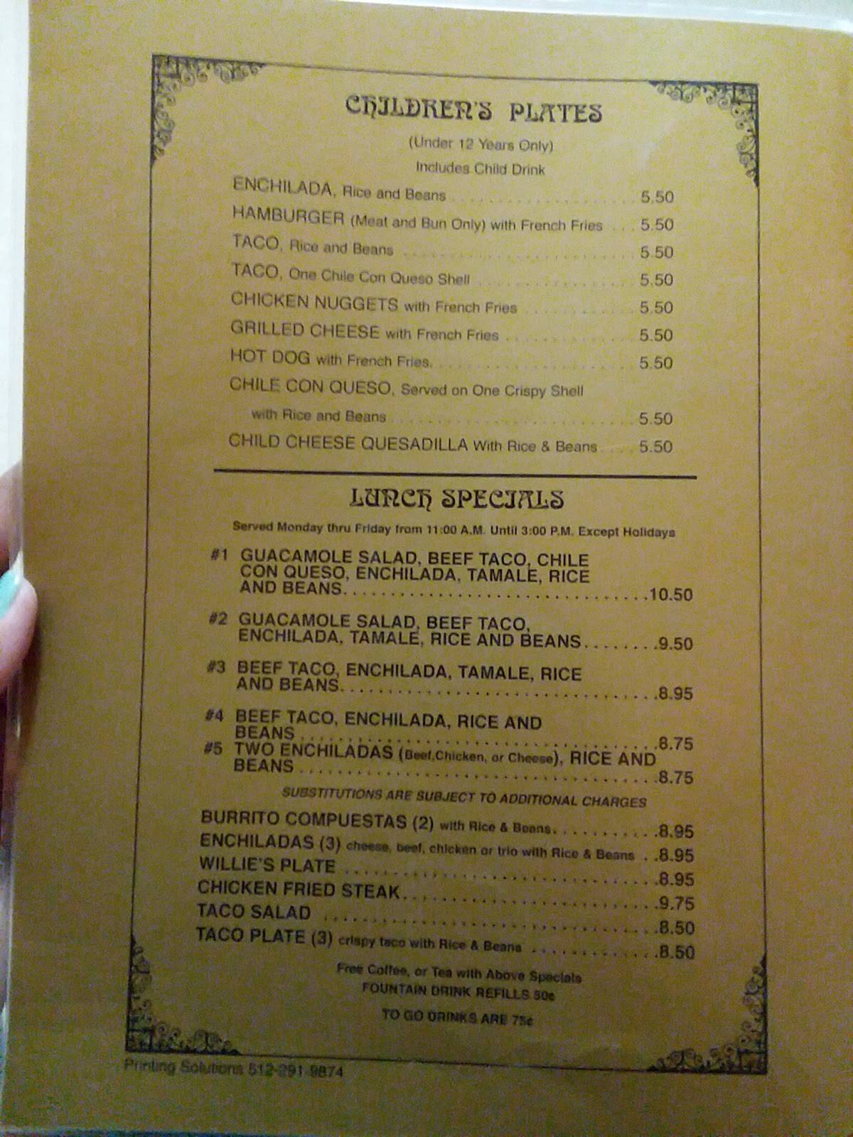 Menu at Rosie's Tamale House restaurant, Bee Cave, State Hwy 71