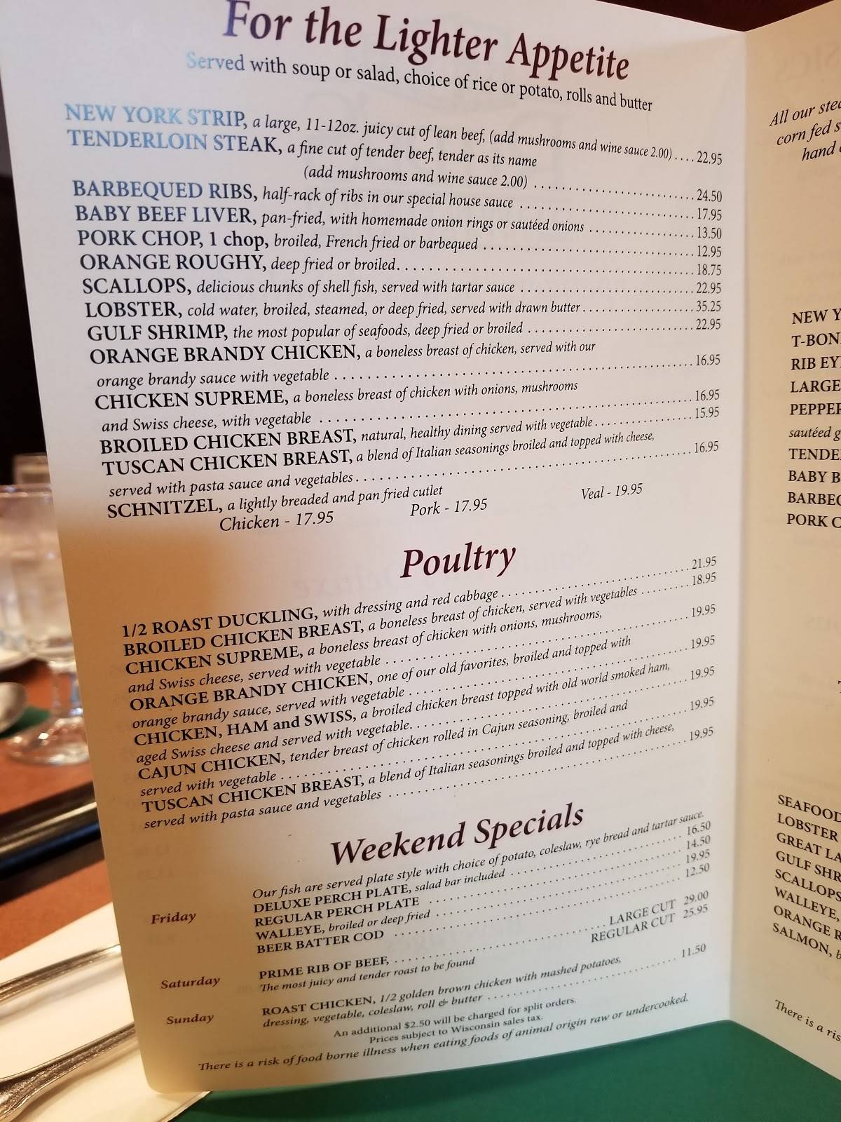 Menu at Rupp's Downtown club, Sheboygan