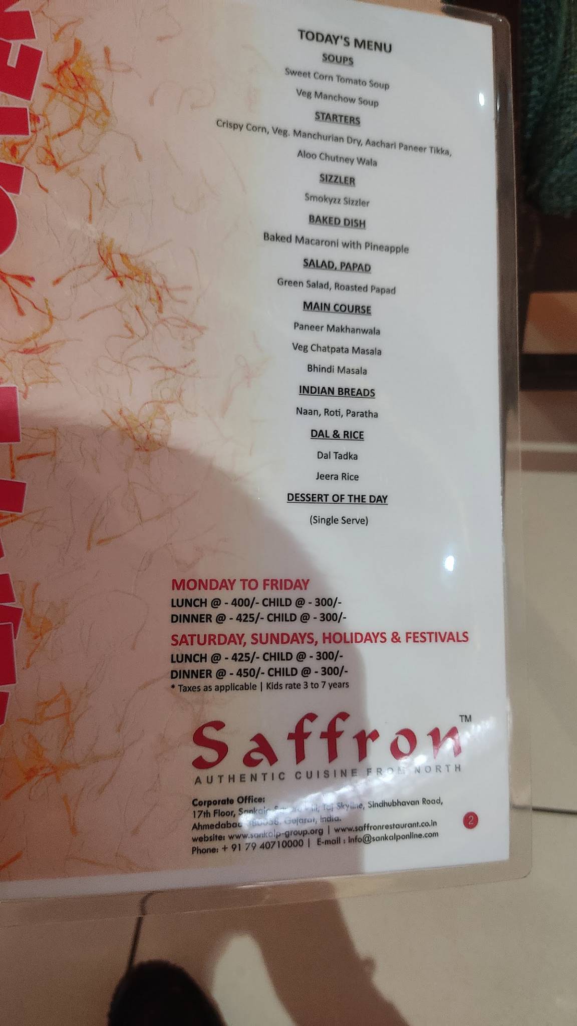 Menu at Saffron Restaurant, Ahmedabad, 101 Silver radiance