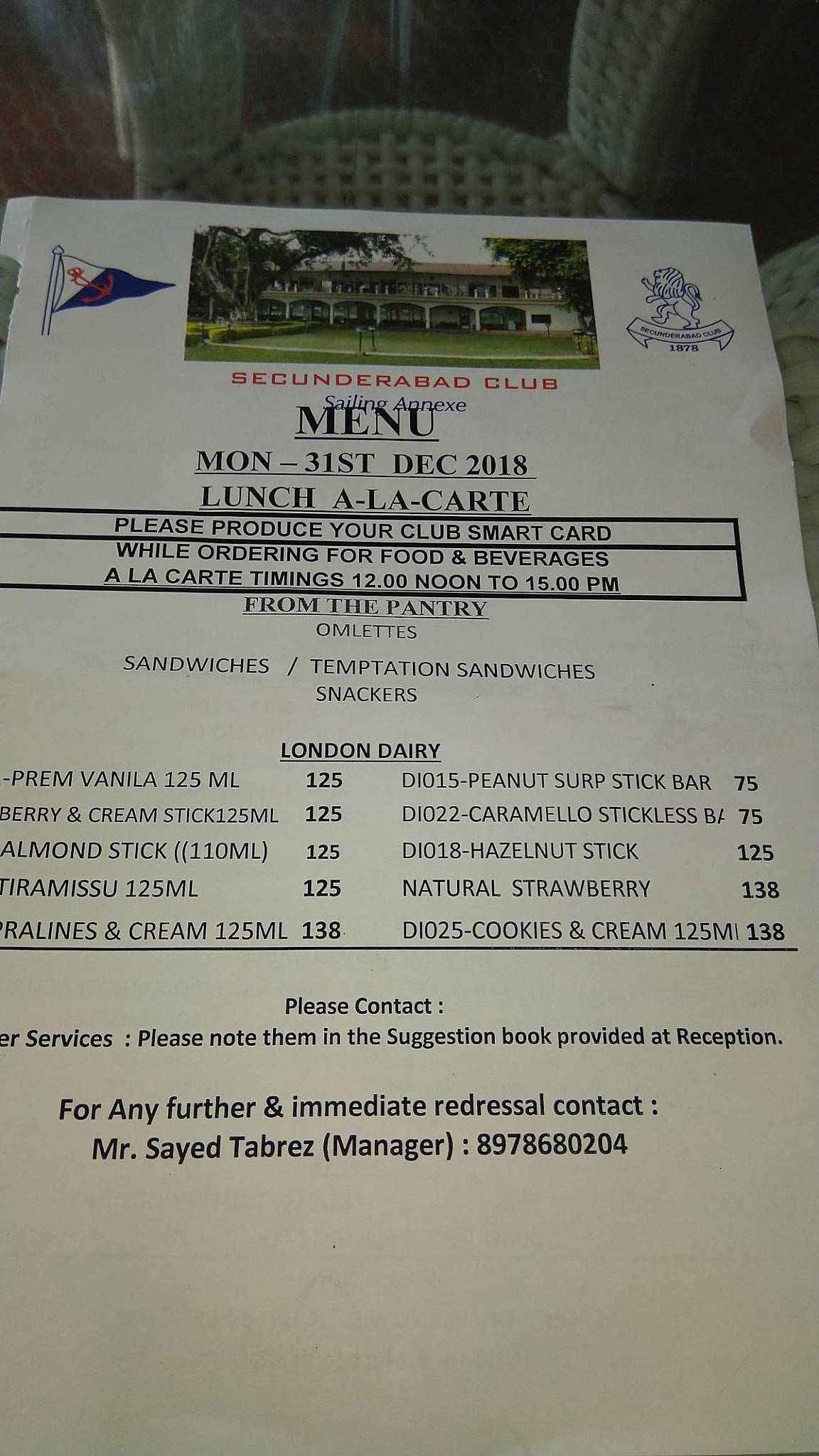 Menu at Sailing annexe, Hyderabad