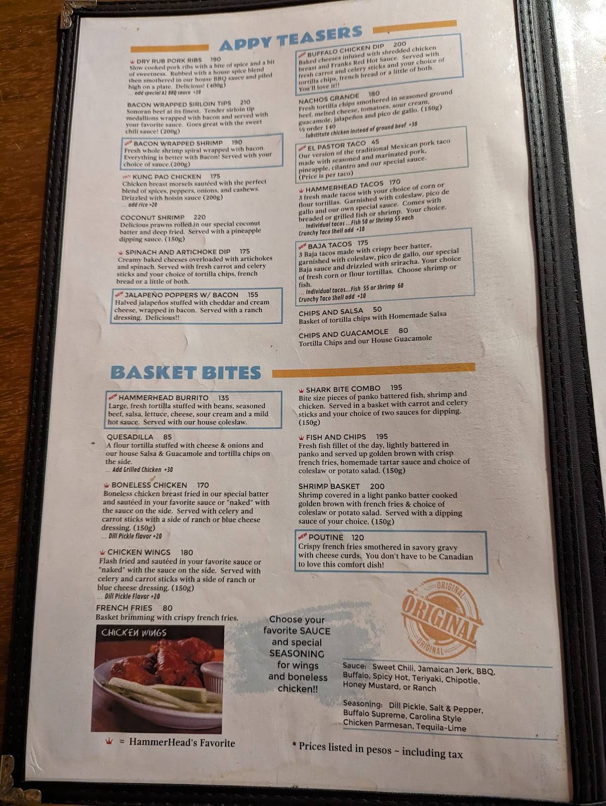 Menu at Hammerhead's pub & bar, San Carlos