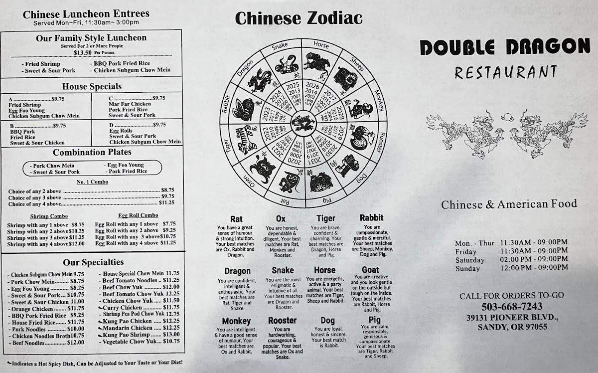 Menu at Double Dragon restaurant, Sandy