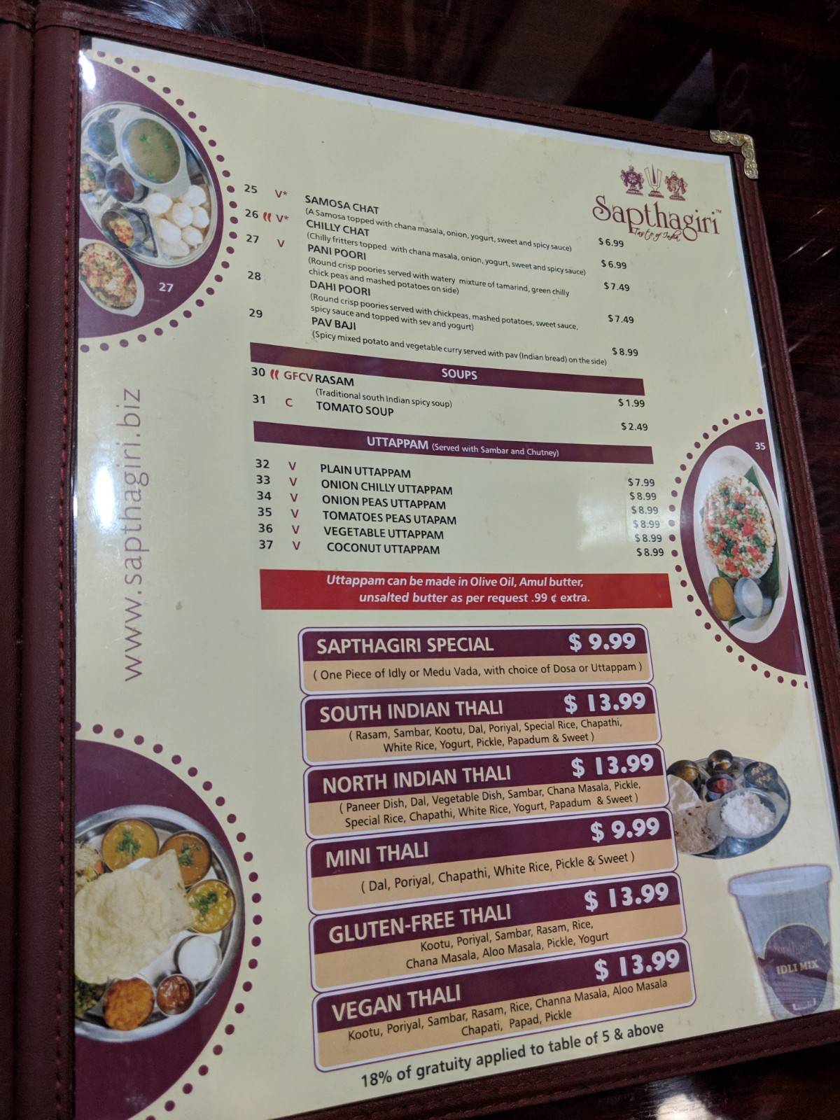 Menu at Sapthagiri Taste Of India restaurant, Jersey City