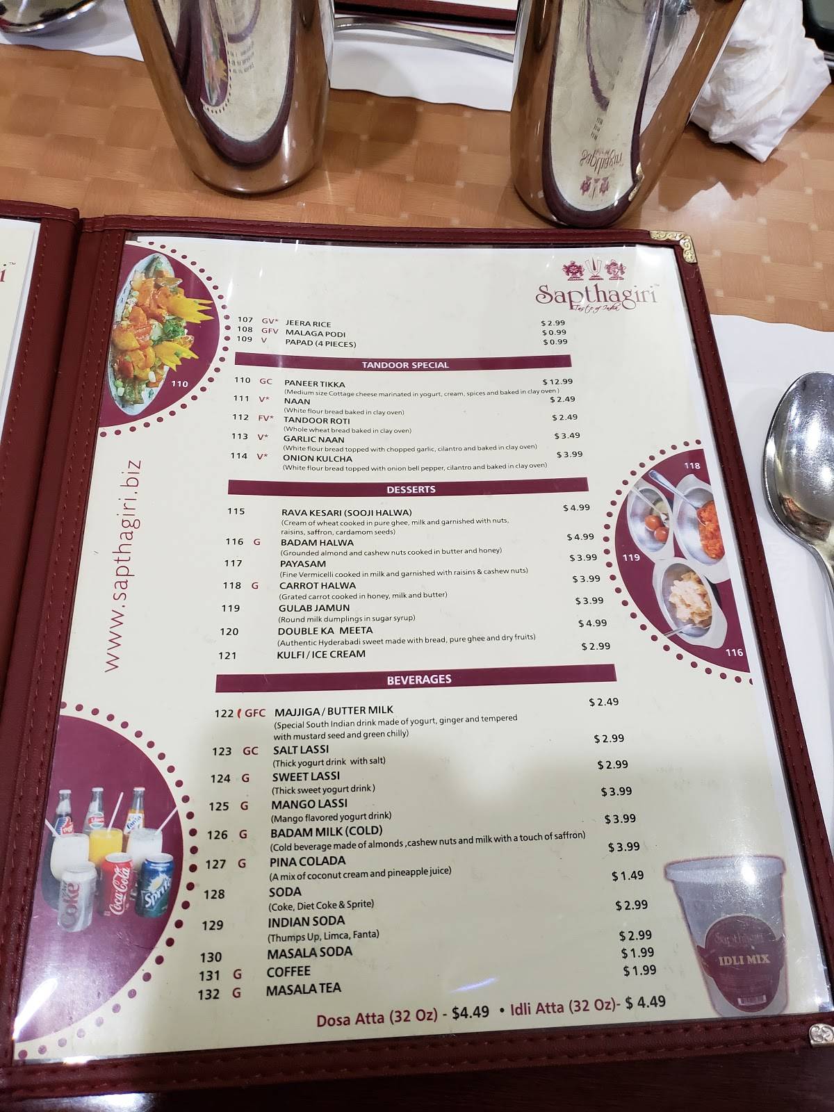 Menu at Sapthagiri Taste Of India restaurant, Jersey City