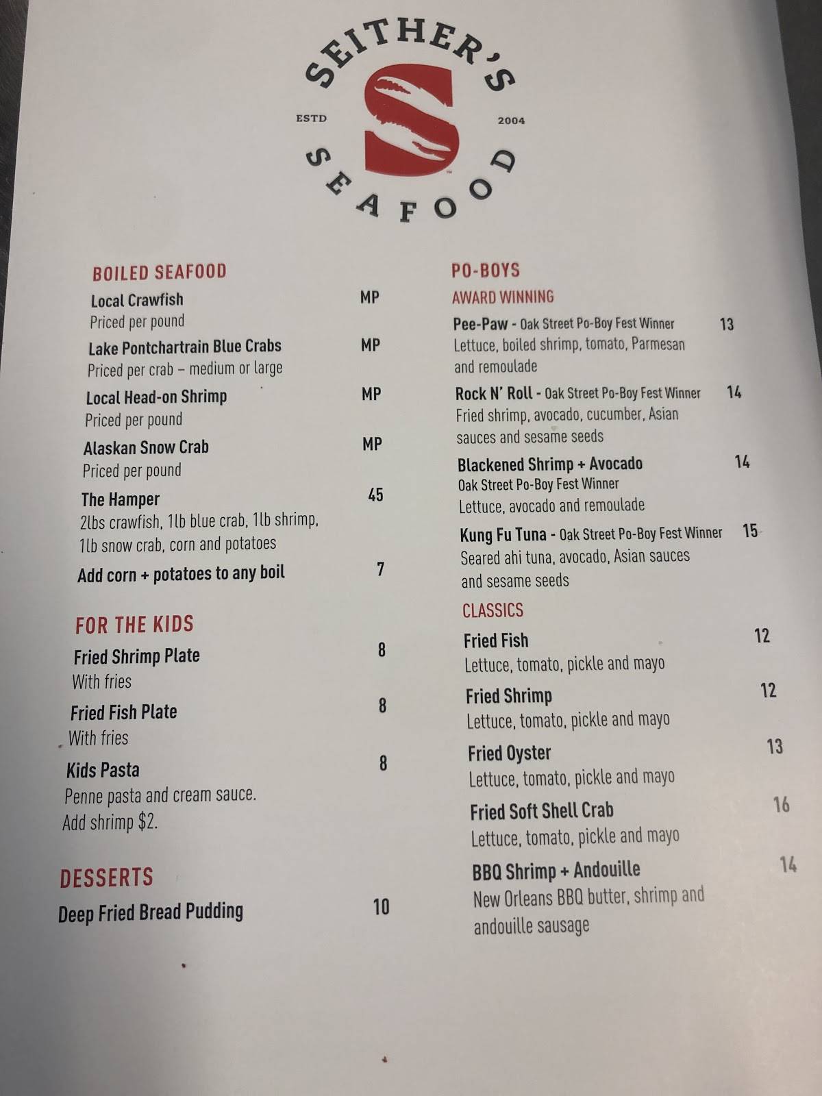 Menu at Seithers Seafood restaurant, Harahan