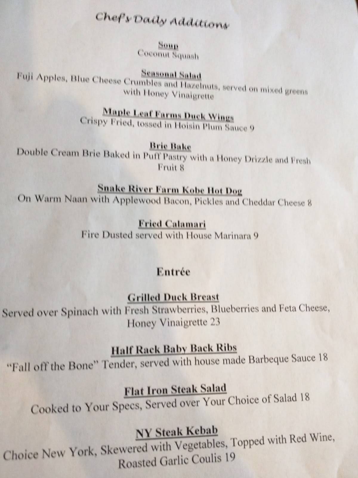 Menu at Spinner's steakhouse, Gold Beach