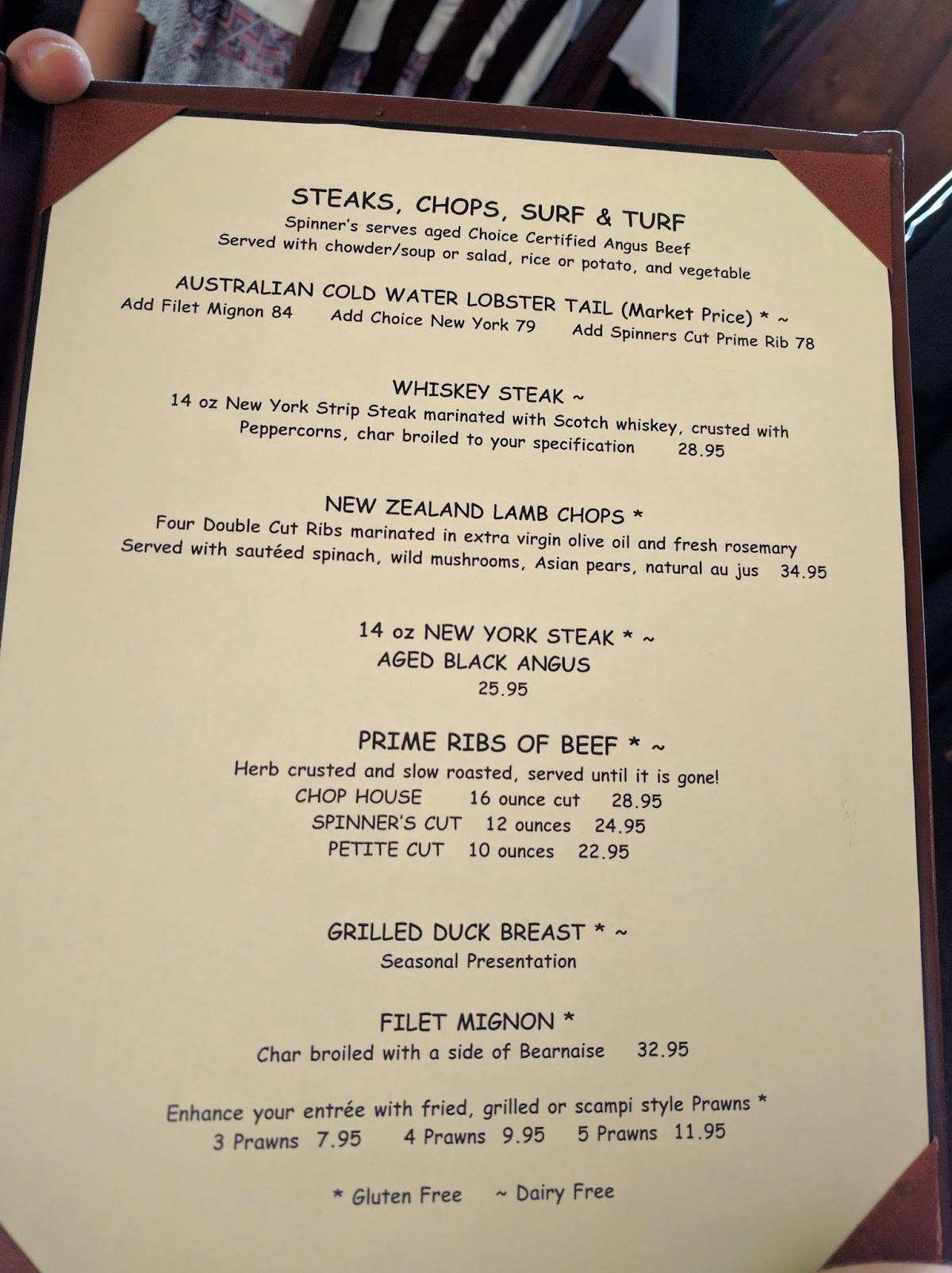 Menu at Spinner's steakhouse, Gold Beach