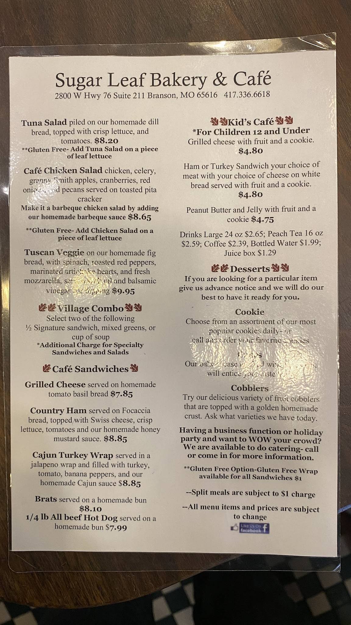 Menu at Sugar Leaf Bakery, Cafe & Espresso, Branson, W 76 Country Blvd