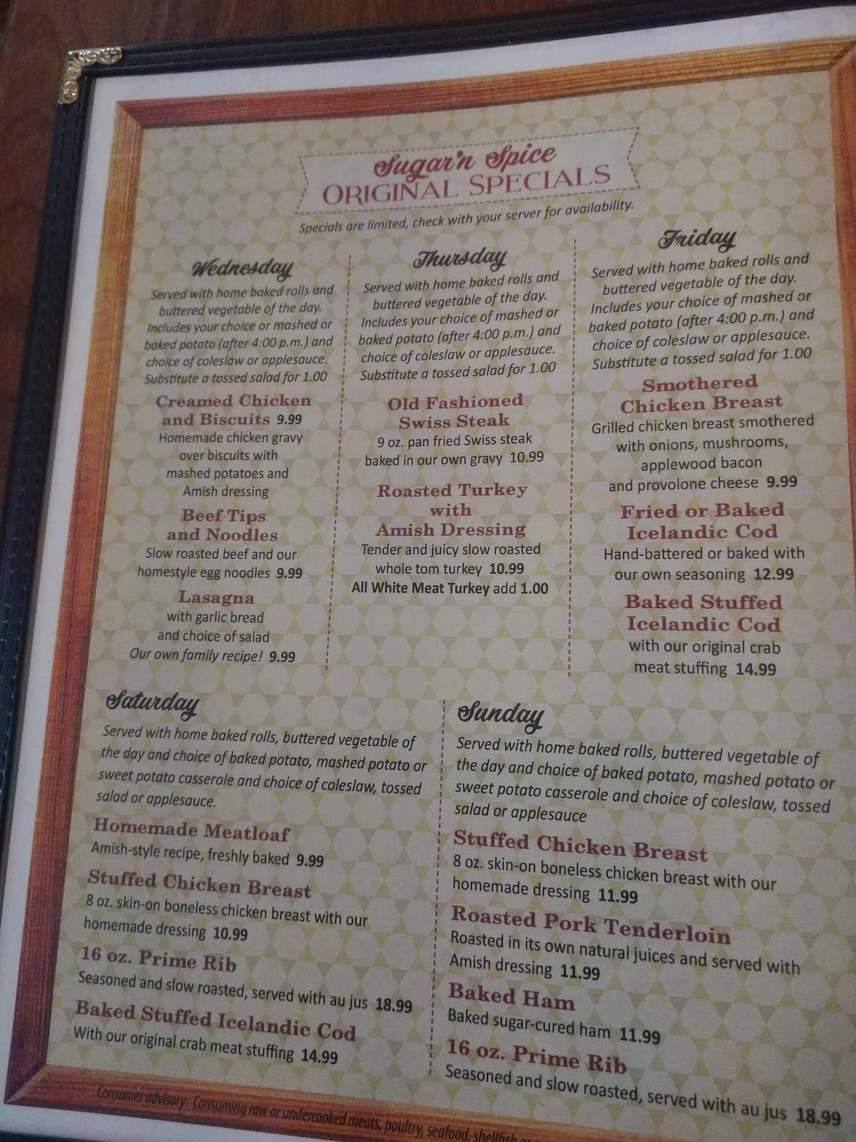 Menu at Sugar N’ Spice restaurant, Waterford
