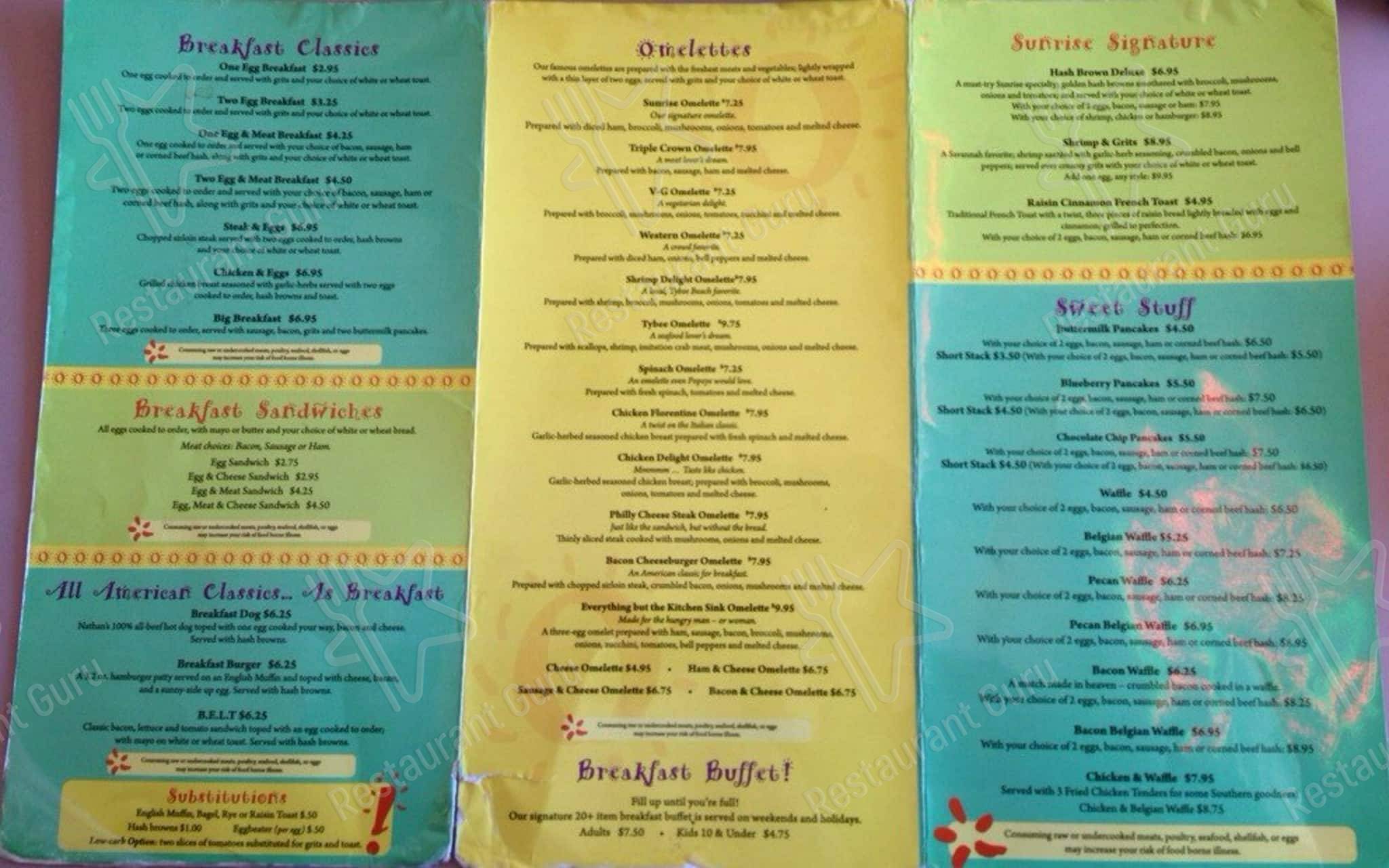 Sunrise Restaurant menu