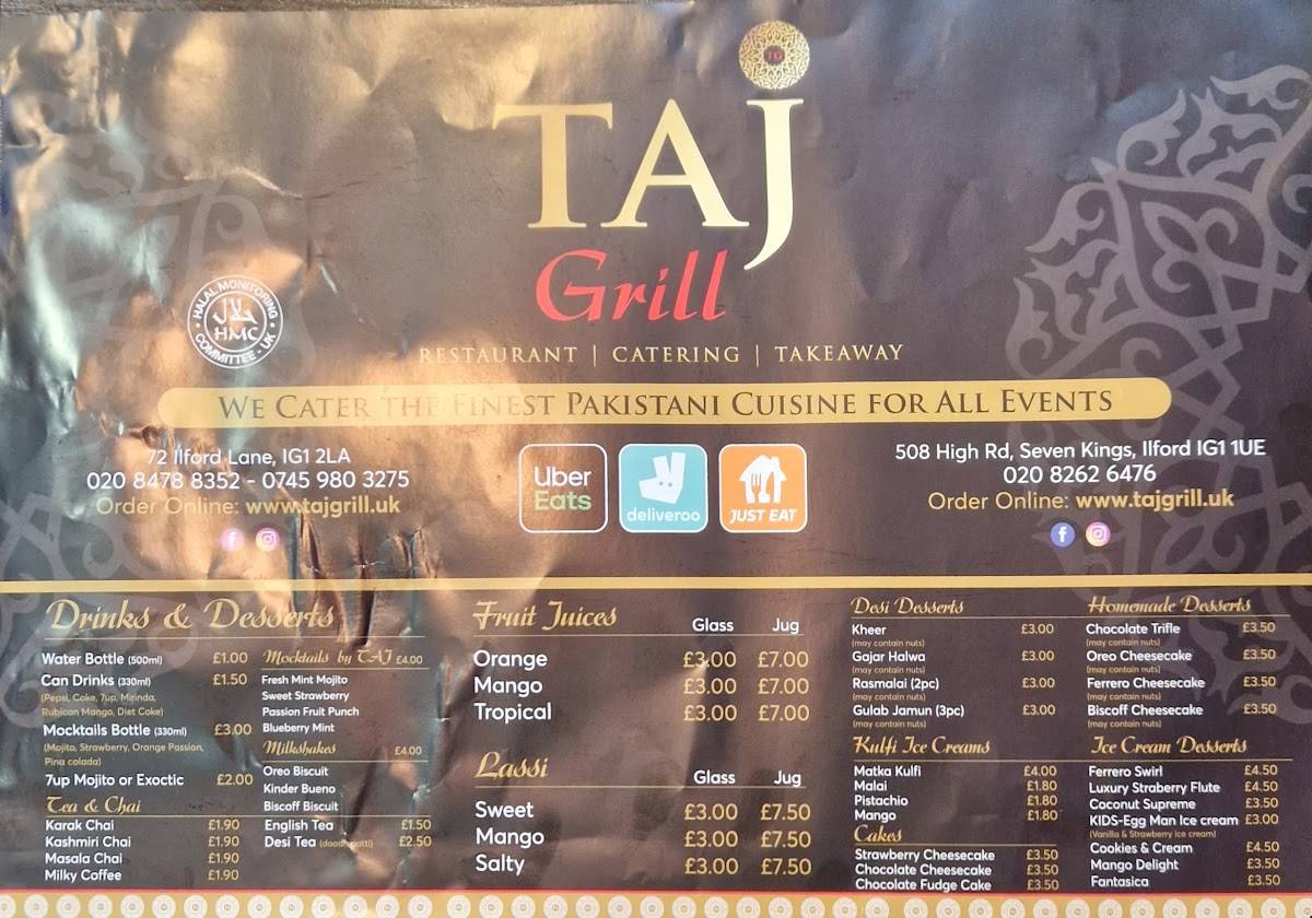 Menu At Taj Grill Restaurant Ilford 72 Ilford Ln 