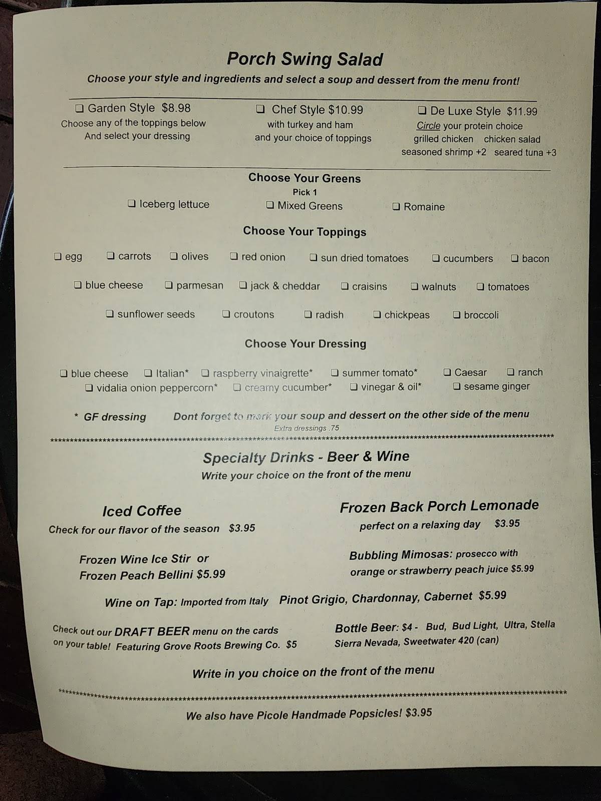 Menu at The Back Porch Restaurant, Lake Alfred, 115 Co Rd 557A