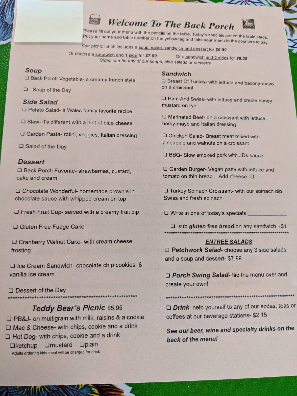 Menu at The Back Porch Restaurant, Lake Alfred, 115 Co Rd 557A