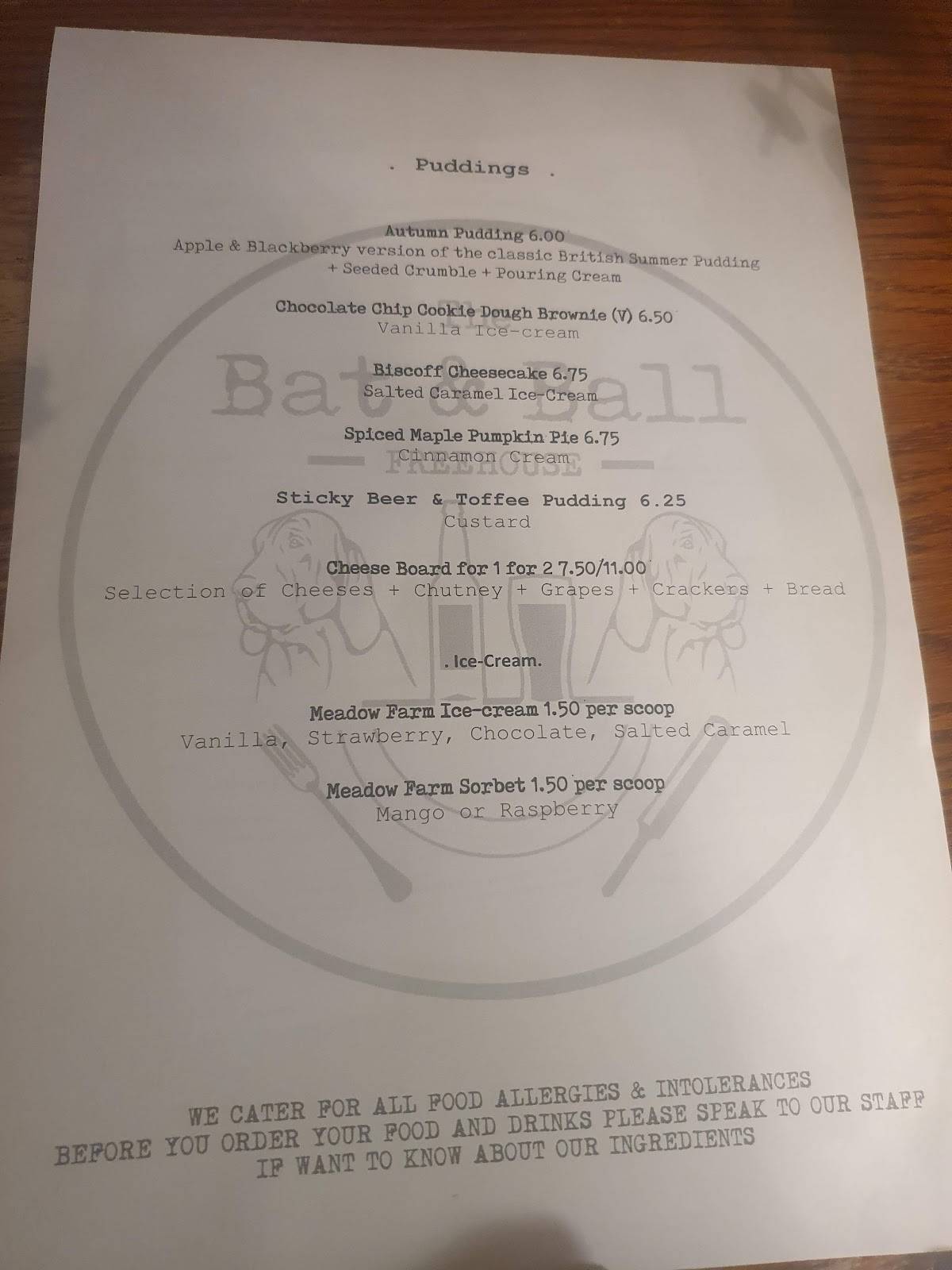 Menu at The Bat & Ball Freehouse pub & bar, Farnham