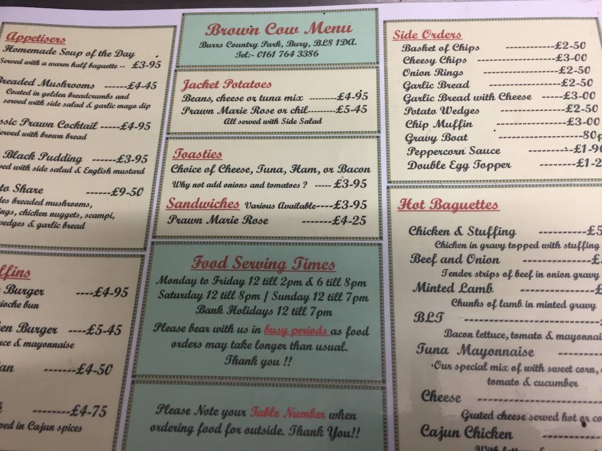 Menu at The Brown Cow pub & bar, Bury, Burrs Country Park