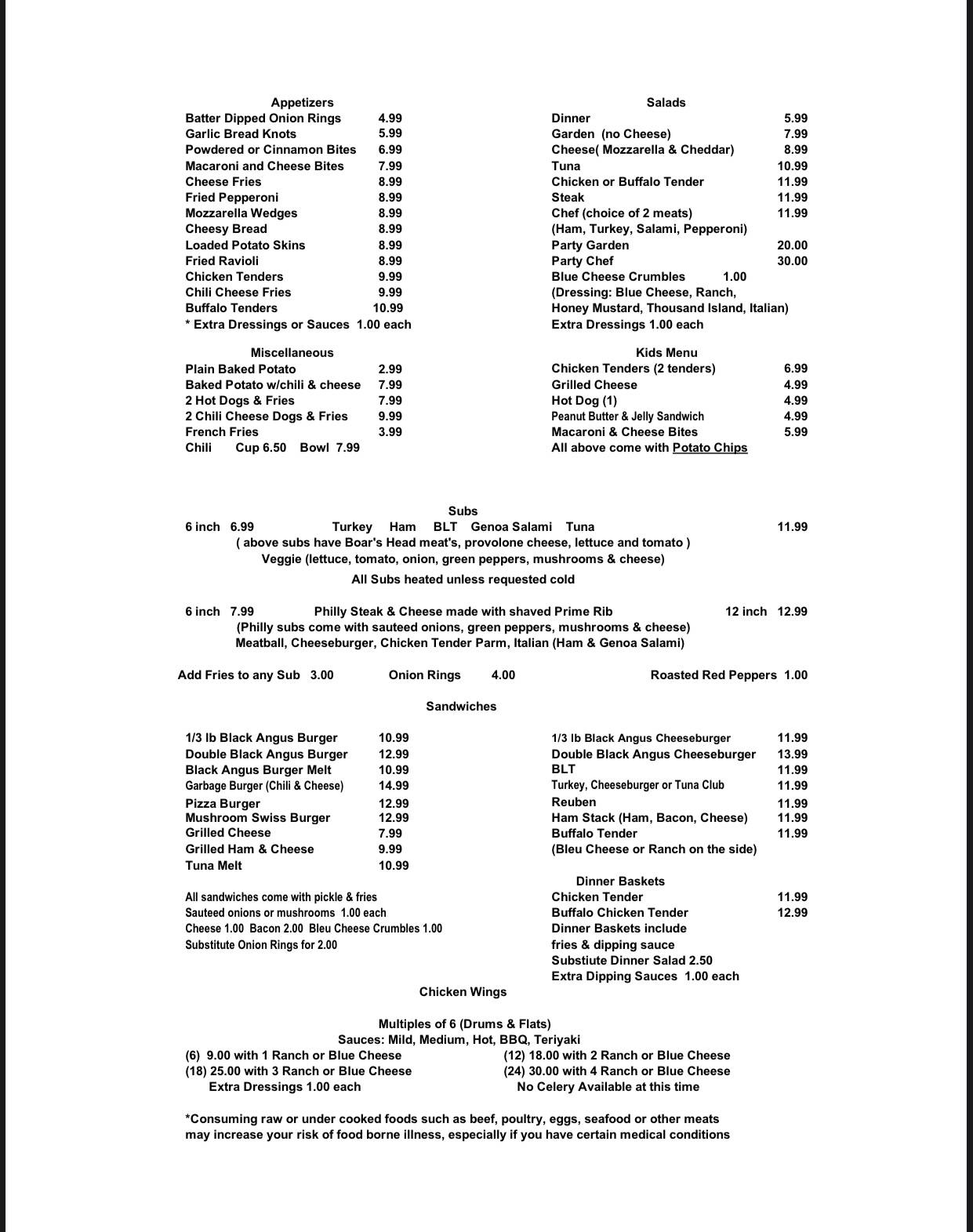 Menu at The New Faull Inn pizzeria, Englewood