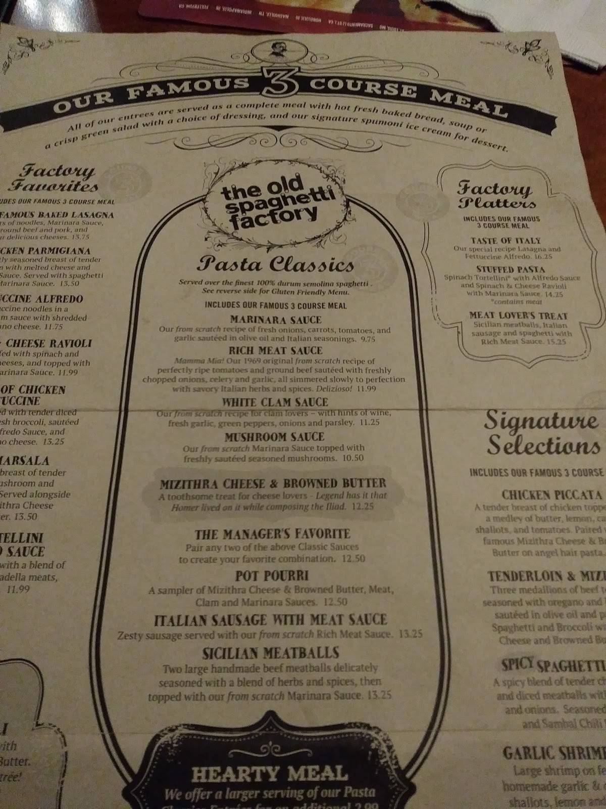 Menu at The Old Spaghetti Factory restaurant, Nashville, 160 2nd Ave N