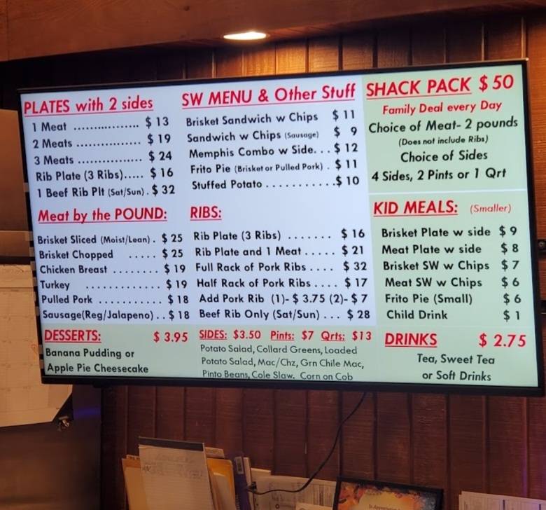 Menu at The Shack, BBQ, Lubbock, N Frankford Ave