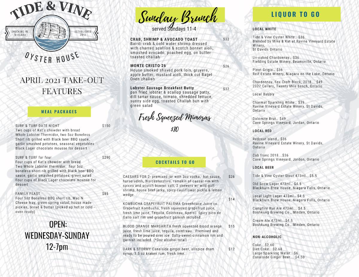 Menu at Tide and Vine Oyster House pub & bar, Niagara Falls